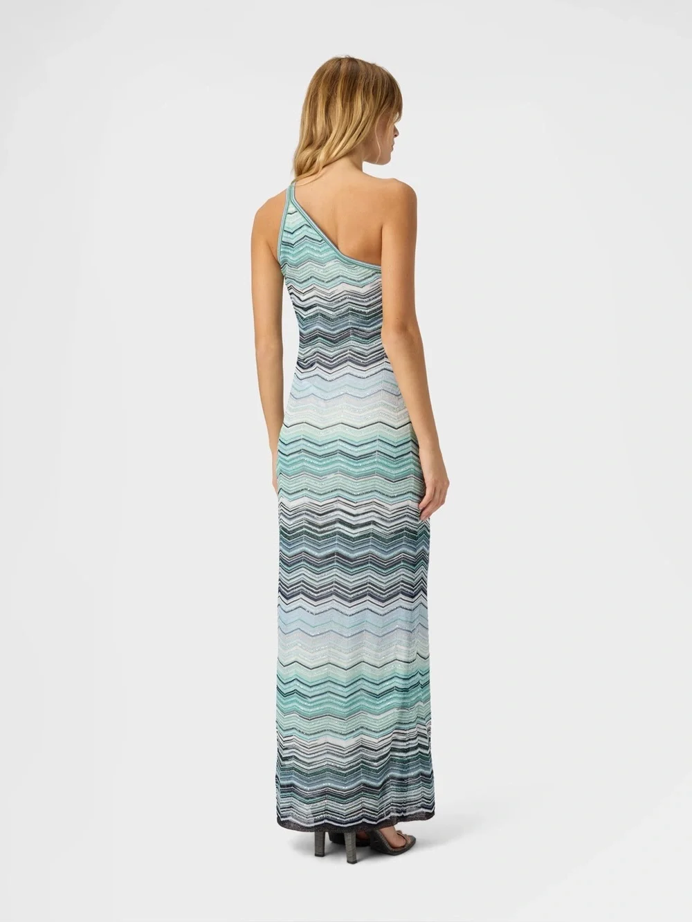 ❌❌MISSONI LONG ONE SHOULDER DRESS WITH CHEVRON PATTERN WITH SEQUINS IN TURQUOISE